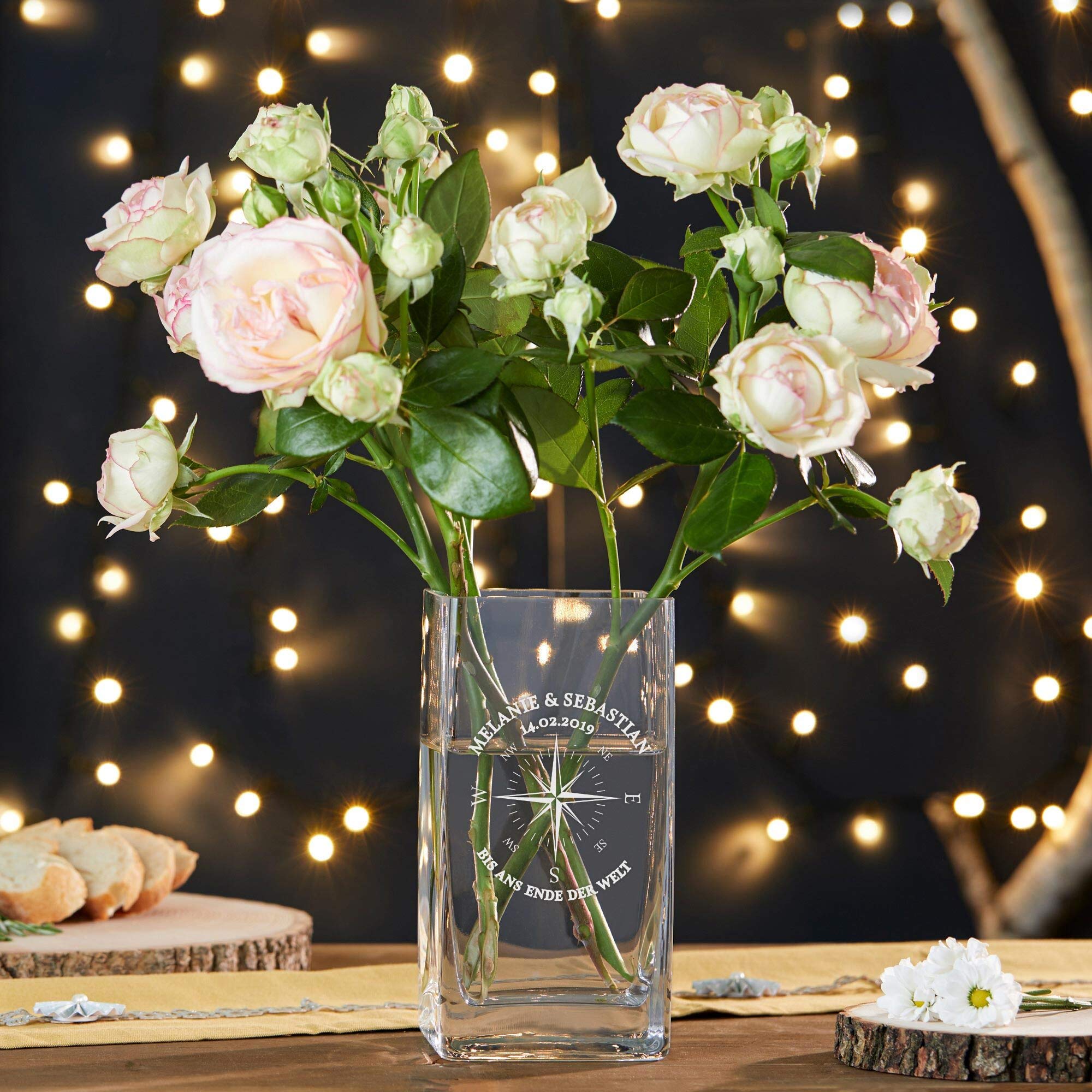 Casa Vivente Eckige Blumenvase mit Gravur zur Hochzeit, Kompass Liebe, Personalisiert mit Namen und Datum, Hochzeitsgeschenke für Brautpaar