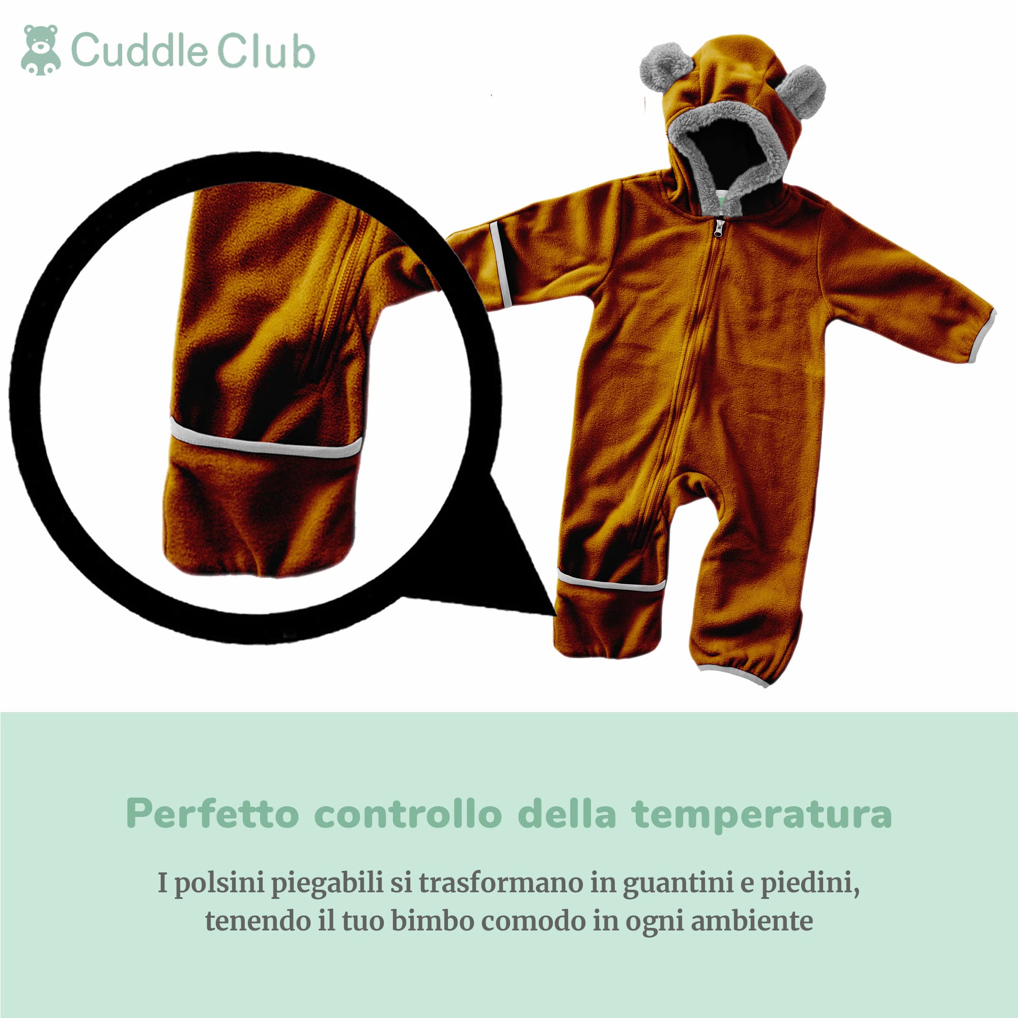 Cuddle Club Tuta in Pile per Neonati – Romper con Cappuccio Caldo e Versatile per Bimbi e Bambini Piccoli - Bear - Brown/Tan - 18-24 Mesi