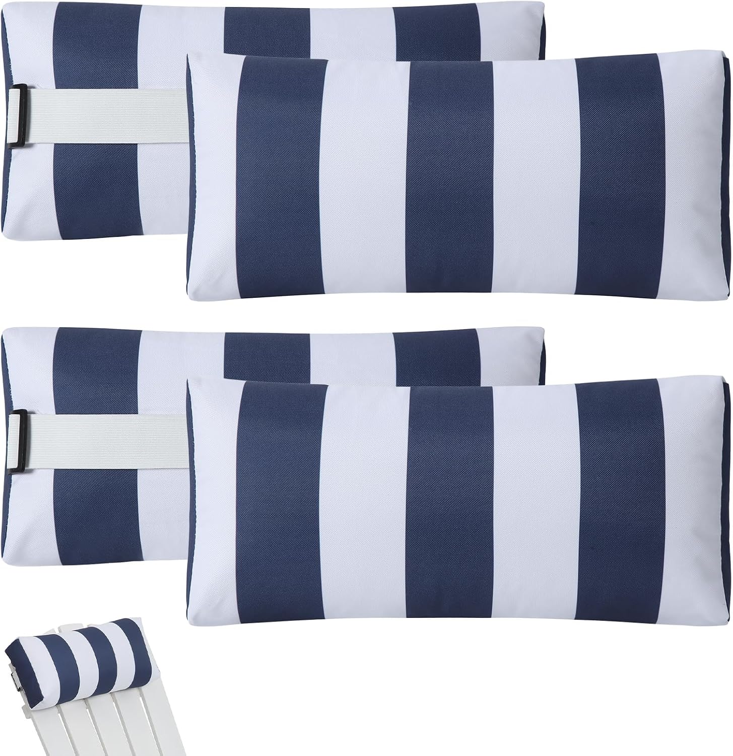 Outdoor Chair Pillows, 4 Pack Chaise Lounge Headrest Pillows Striped Pool Lounge Chair Pillow with Strap Recliner Pillow for Patio Garden Beach Balcony (Navy Blue)