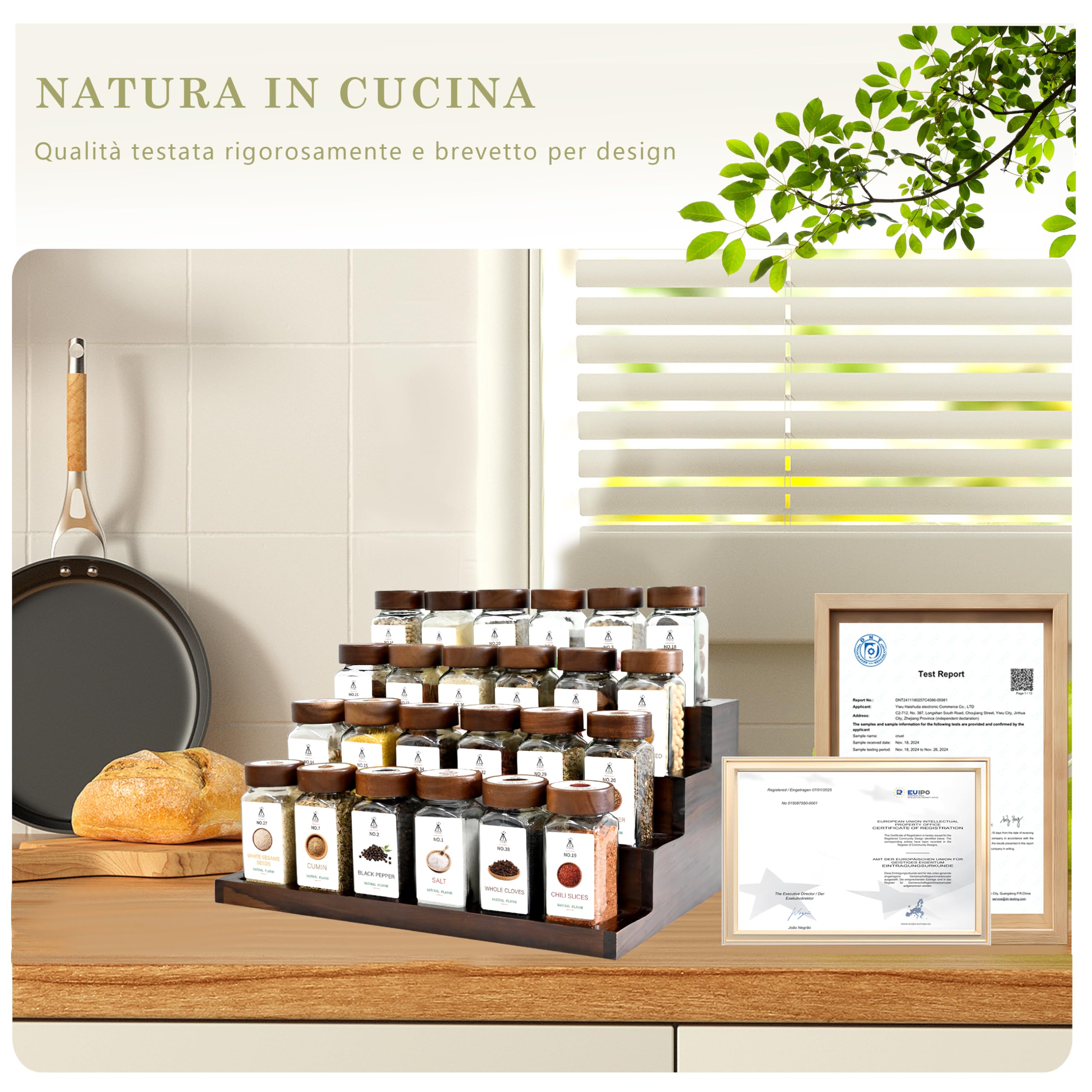 SAEIV 24 Barattoli Legno di Acacia Vetro Borosilicato Non Bruci Più la Pasta, Porta Spezie per Cucina Salva Spazio, Portaspezie Salvaspazio Piano e Cassetto con Imbuto Inox e 120 Etichettec