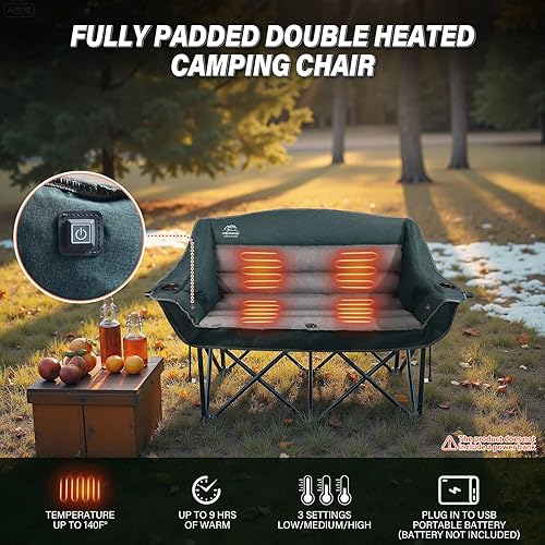 Miniatura 8 de Sillas de campamento dobles con calefacción, 3 niveles de calor acolchadas y portátiles con soporte para copas de vino, soporte para tazas,