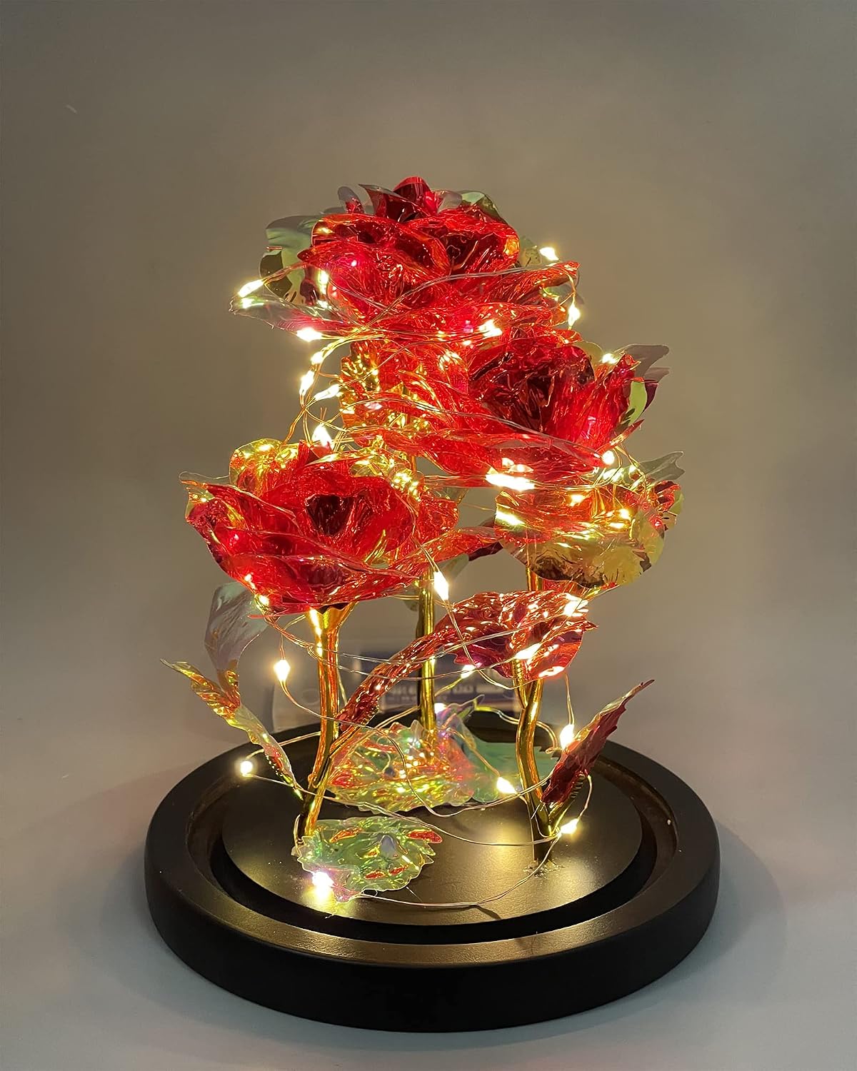 HRONG Large Red Rose in Glass Dome with Lights 9.3〞Beauty and The Beast Rose Artificial 3 Flower Glass Dome- Christmas Rose Gift for Her