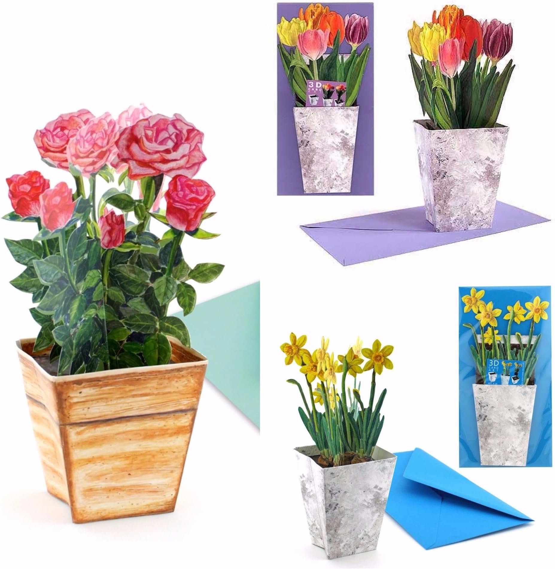 Set of 3 Flower Pop Up Cards - made with love: Colourful Tulips, Pink Roses and Yellow daffodils - nice greeting cards for gardeners or spring decoration