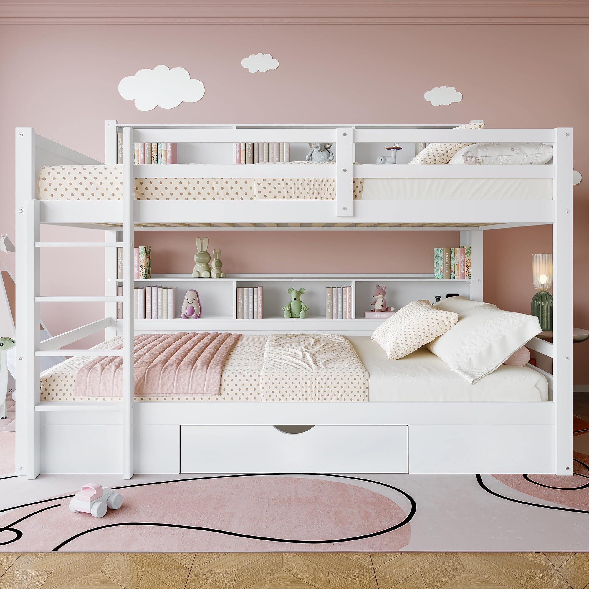 Moimhear Letto singolo, 90 x 200 cm, letti a castello, letti a castello, con cassetti, con vano portaoggetti (bianco)