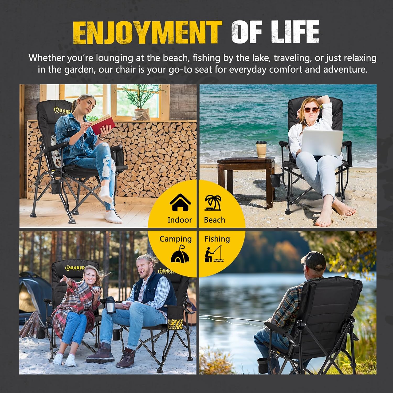 BUNKER INDUST Folding Camping Chair, Oversized with Padded Cushion, Outdoor Chair with Cup Holder Storage Pockets, Adjustable High Backrest Supports 450 LBS for Garden Beach Fishing Lawn - Image 8