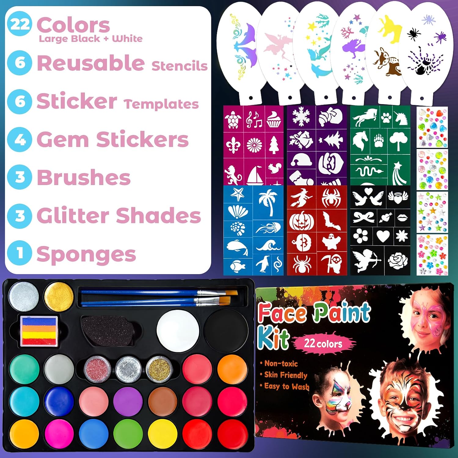 Professional Face Painting Kit – 22 Colors Non-Toxic Face & Body Paints with Rainbow Palette, Brushes, Stencils, Glitter & Gems for Birthday Parties, Halloween, Festivals, School Events