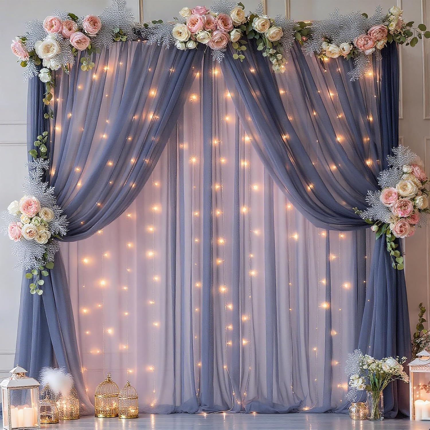 20x10ft Navy Blue Tulle Backdrop Curtain with Lights String for Parites, Sheer Photo Backdrop Curtains with Lights for Wedding Backdrop Ceremony Reception Bridal Shower Baby Shower Birthday Party