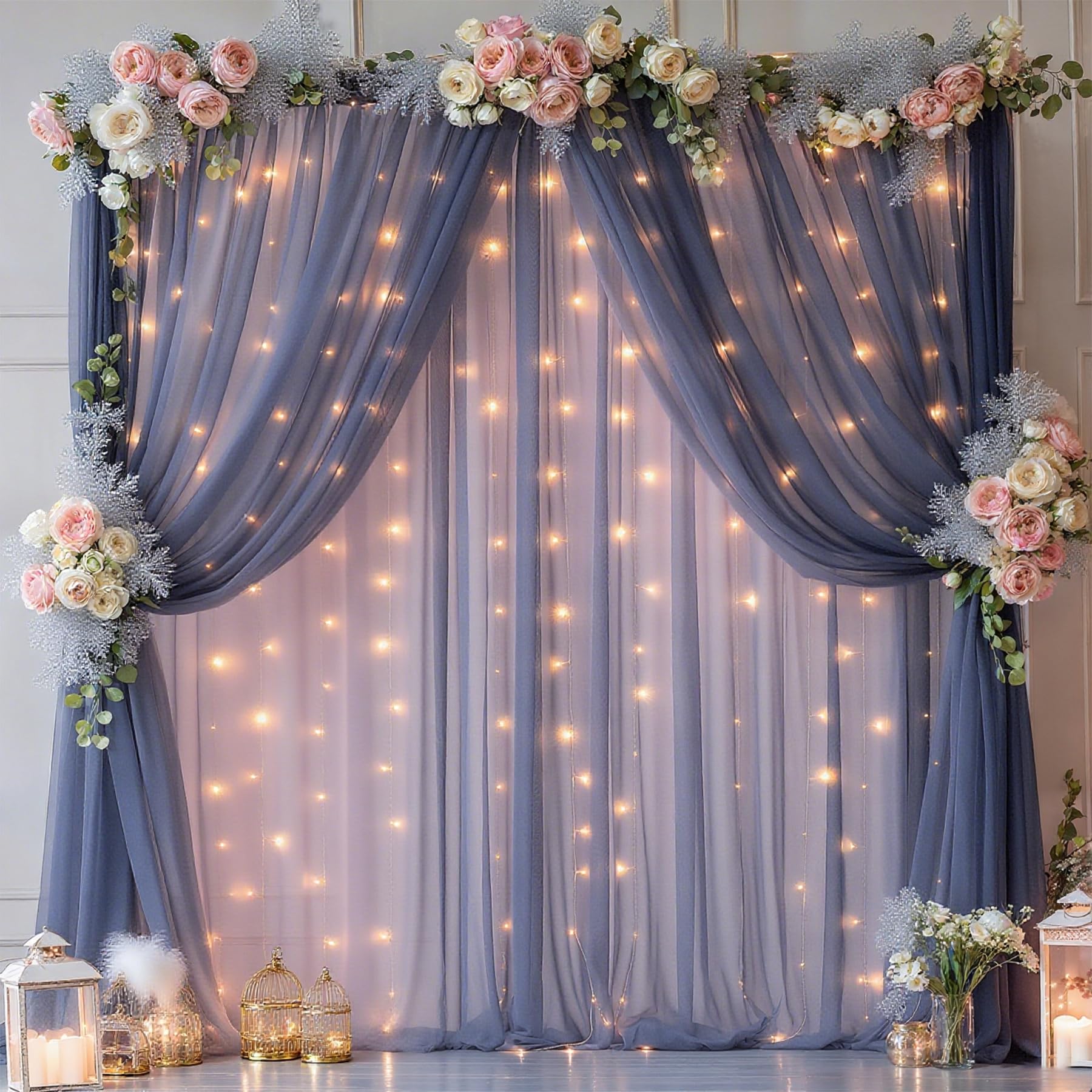 Photo 1 of 20x10ft Navy Blue Tulle Backdrop Curtain with Lights String for Parites, Sheer Photo Backdrop Curtains with Lights for Wedding Backdrop Ceremony Reception Bridal Shower Baby Shower Birthday Party