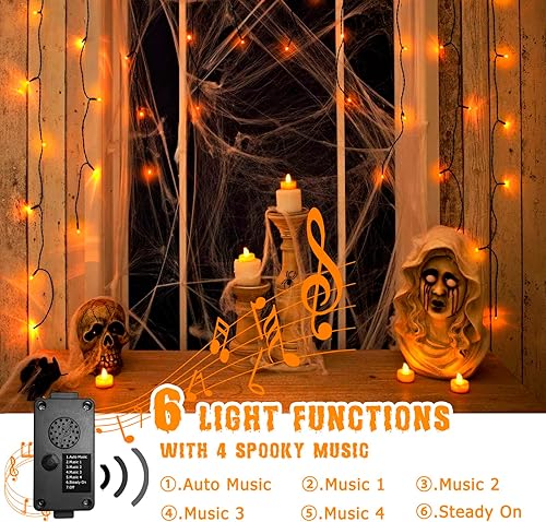 Miniatura 3 de PEIDUO Luces de Halloween, 82 pies, 200 luces LED naranjas con sensor de movimiento, decoración exterior e interior con música