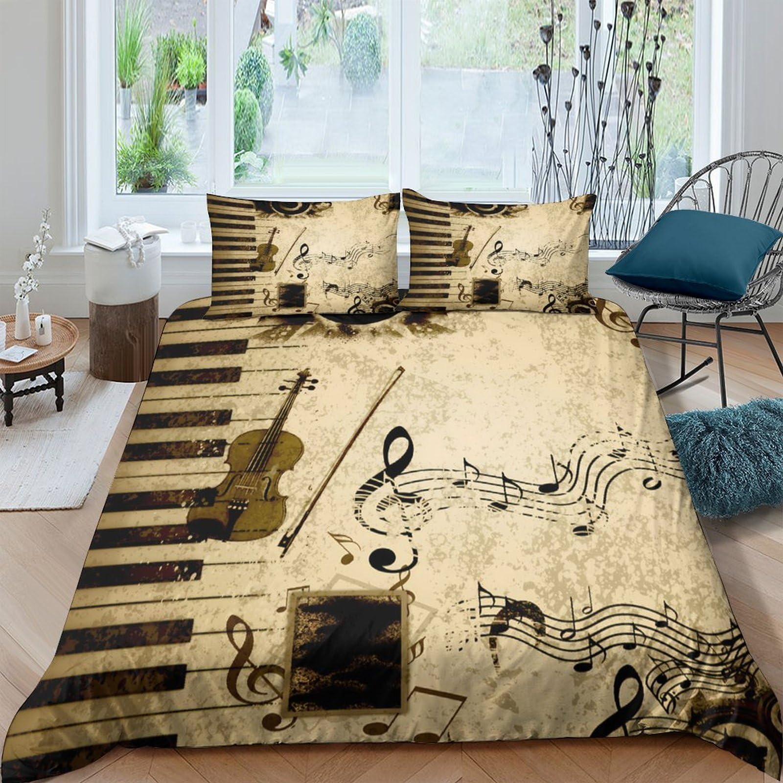 Ctjqhvkz Style-10 3D Printed Vintage Piano Fitted Sheet Microfiber Violin Music Notes Bed Cover For Bedroom Dorm Room Decor Single（135X200cm）