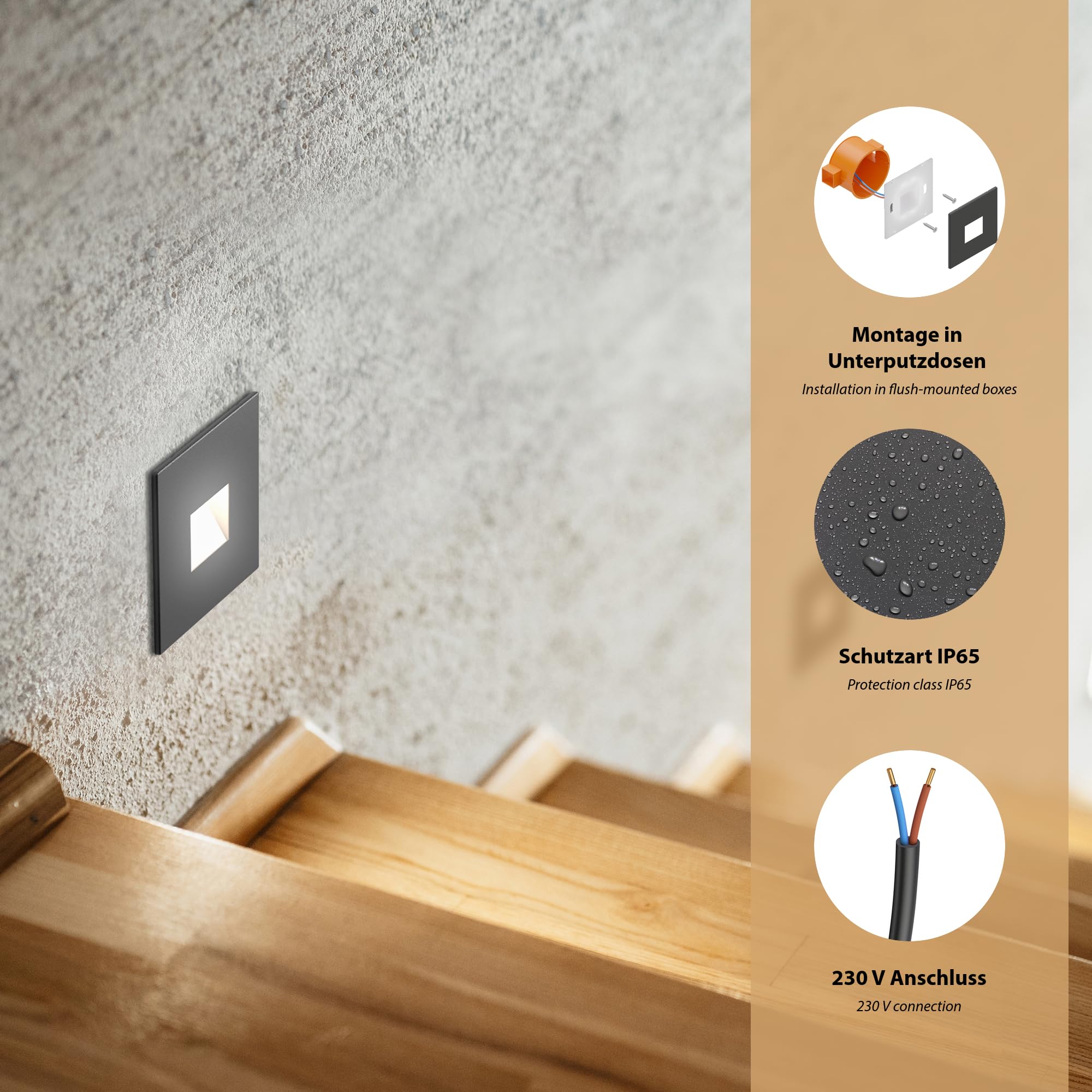 ledscom.de 3 LED Staircase Light/recessed wall Light FOW for Indoors and Outdoors Downlight, Angular, Anthracite, 85 x 85mm, Cool White - Image 3