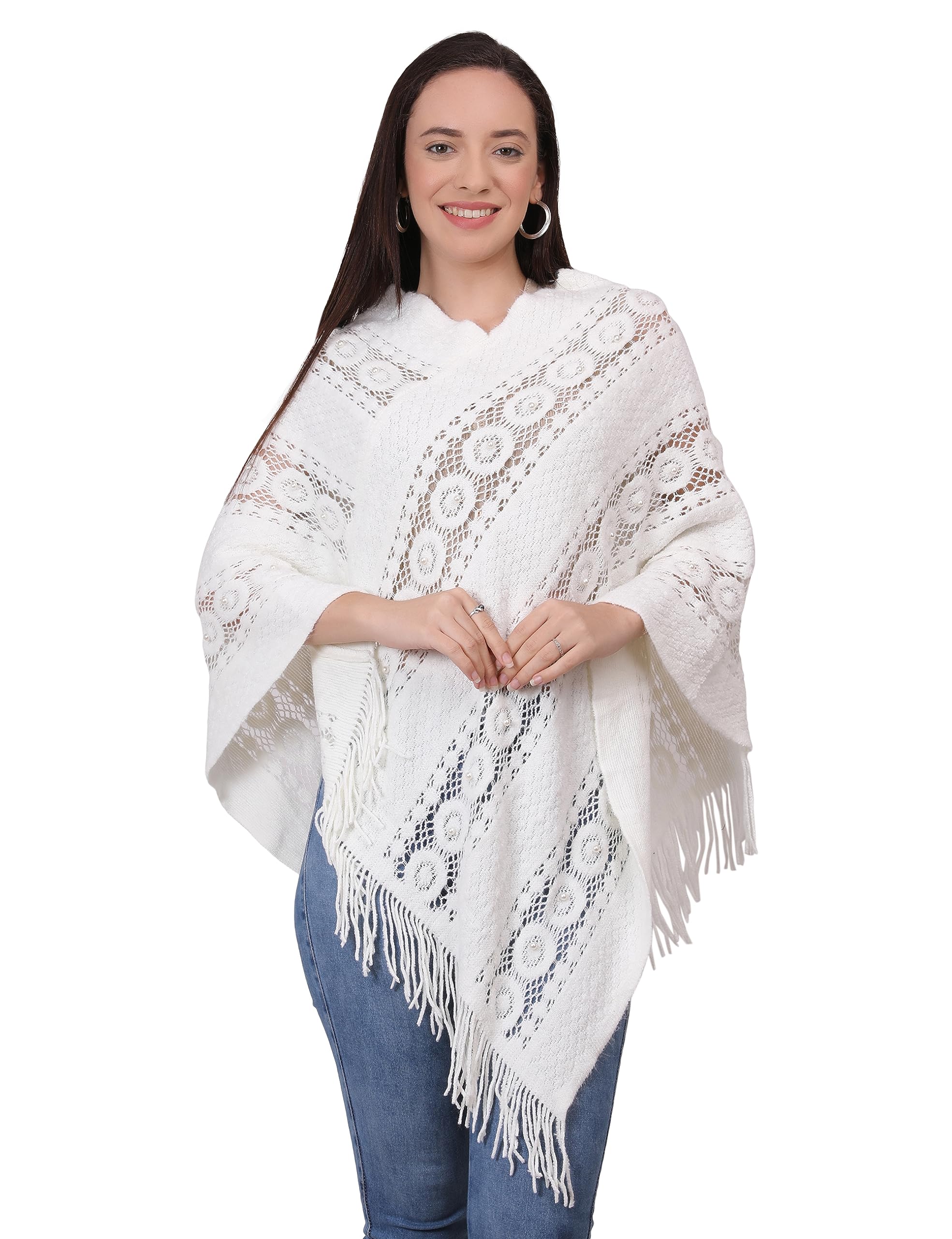 MANRA Women's Elegant Knitted Shawl Poncho with Fringed V-Neck with Pearls Solid Sweater Pullover Cape Gifts for Women Mom (SC 108)