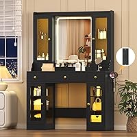 Vista 12 de Wodeer Escritorio de maquillaje con espejo y luces, tocador negro con parte superior de cristal, almacenamiento de joyas, tomas de corriente, 3