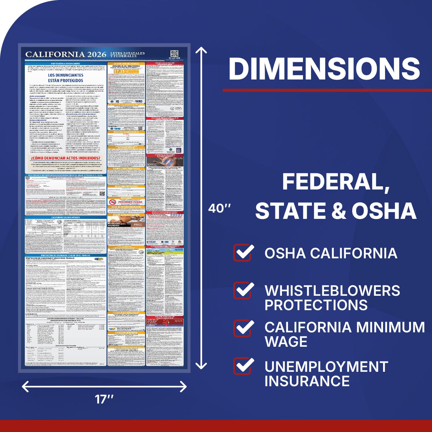 Cartel de leyes laborales federales y estatales de California 2022 - OSHA Workplace Compliant 24 x 36 pulgadas - Todo en uno requerido - Laminado (español)
