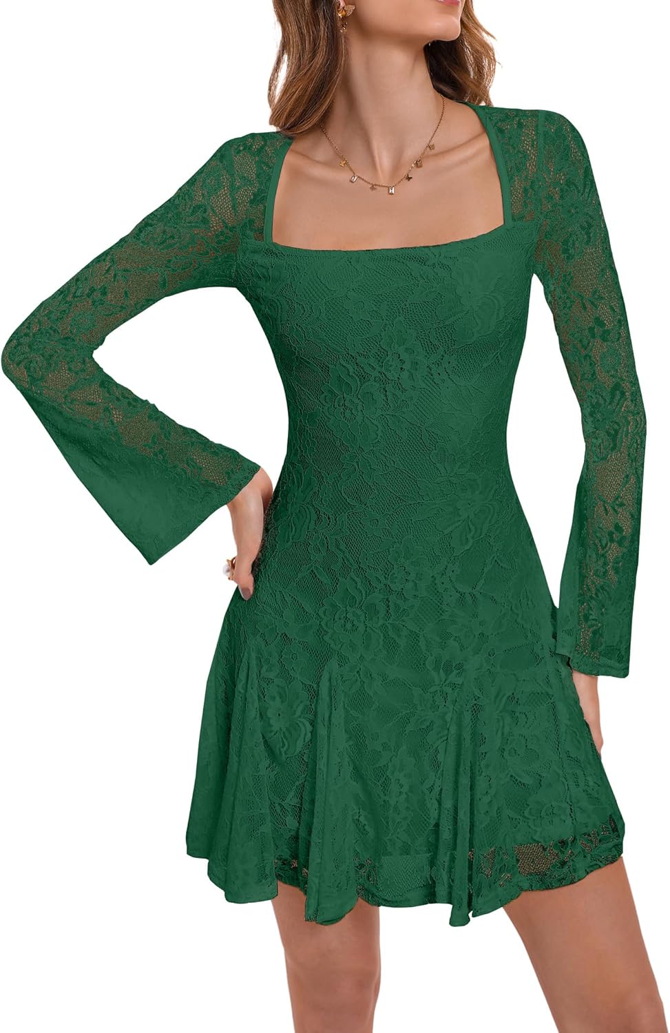 HYPERFIRE Women's Square Neck Floral Lace Mini Dress Flowy Short Dress Mesh Night Out Dresses Club Outfit - Image 3