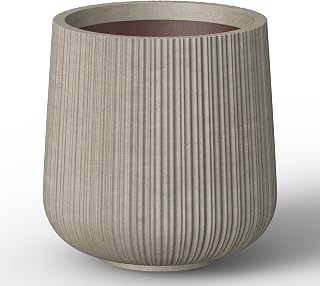 Kante 13" Round Fluted Concrete Planter - Large 21.7" Tall Plant Pot with Drainage Holes, Weathered Finish for Indoor Outdoor Use
