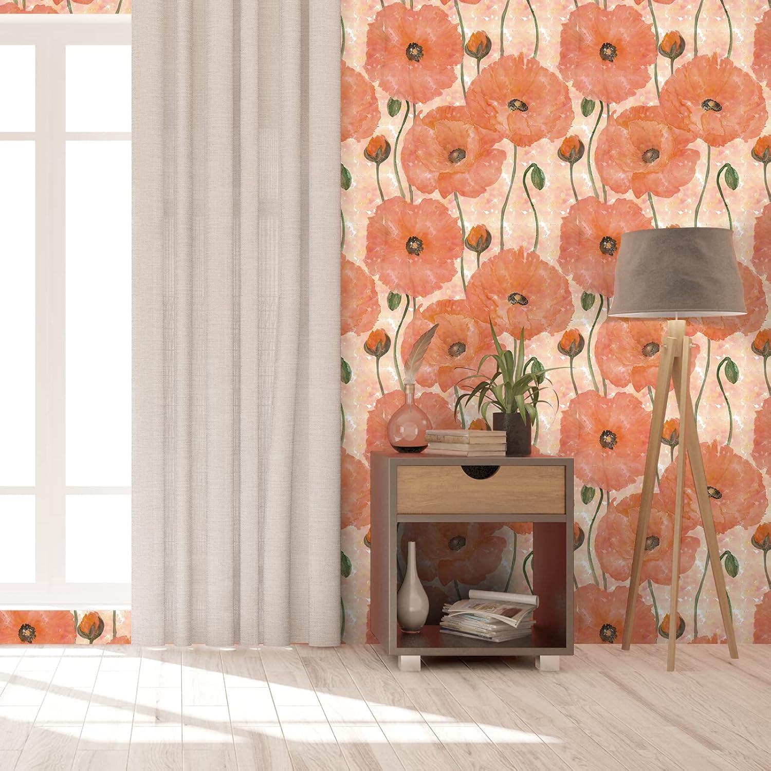 VaryStyle 17.7"x393" Poppy Wallpaper Orange Floral Wallpaper Large Floral Peel and Stick Wallpaper for Bedroom Removable Waterproof Vinyl Flower Wall Mural Orange Contact Paper for Cabinets Farmhouse