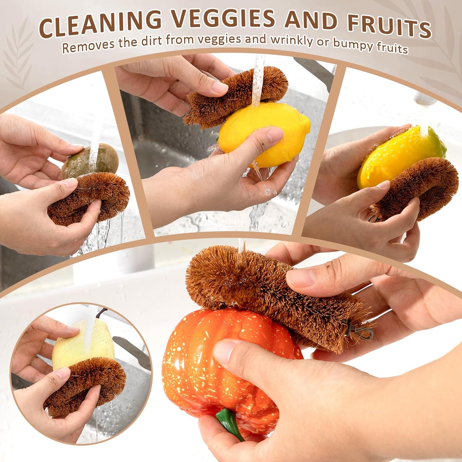 Sawysine 4 Pcs Tawashi 100% Natural Coconut Coir Fiber Brush, Vegetable Scrub Brush Heads Ideal for Fruit Veggie Scrub Wash, Kitchen Cleaning Needs, Japanese Design