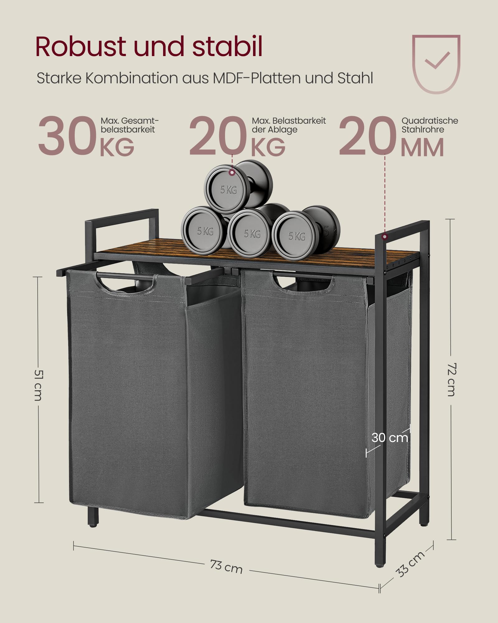 Vasagle Wäschekorb 2 Fächer 92 L – Bild 5