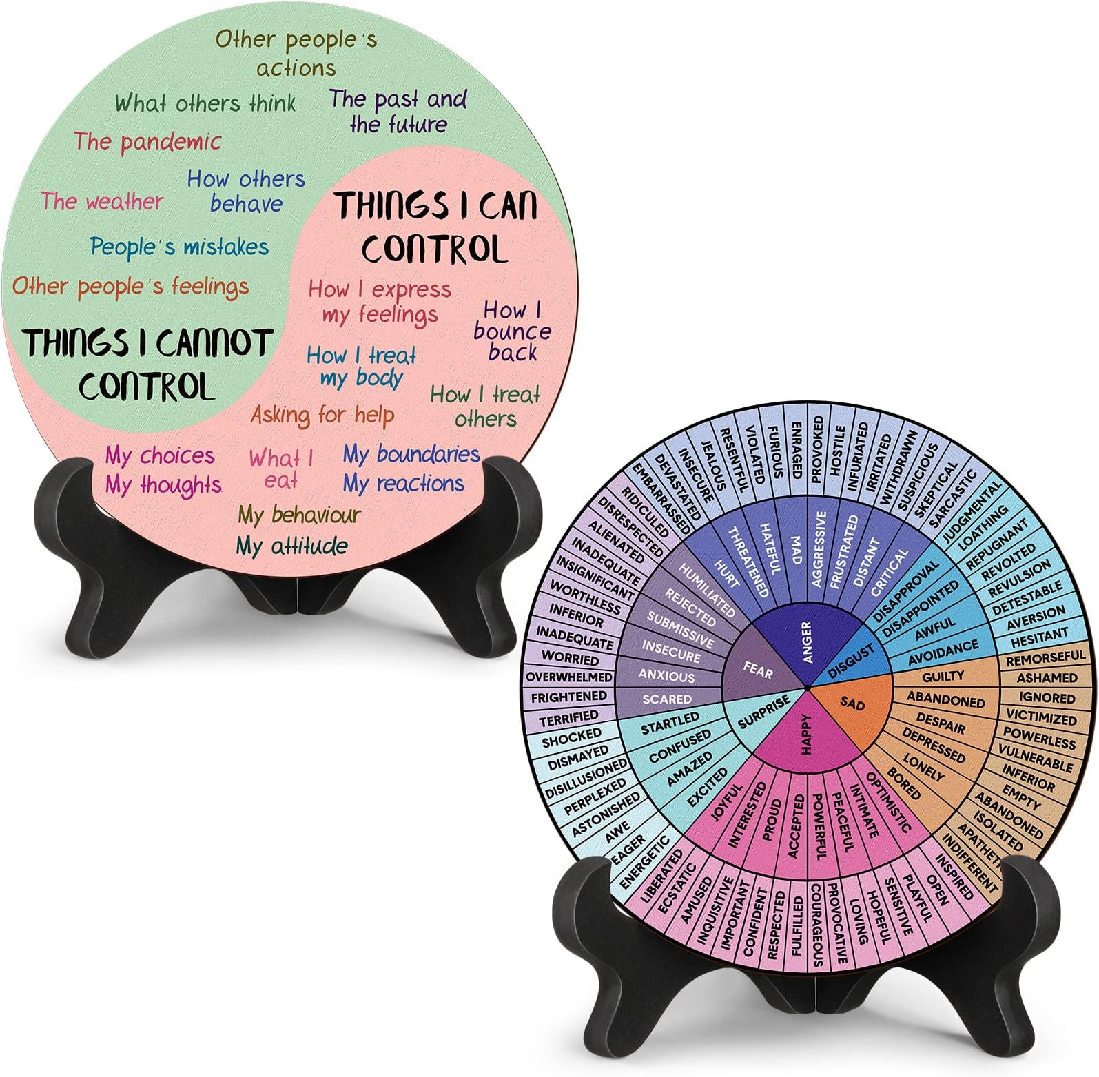 Eaasty 2 Pcs Things I Can Control Therapy Office Desk Decor Feelings Wheel Chart Calming Emotions Wheel Poster Mental Health Feelings Psychology Decor for Home Office Counselor Women Men(Bright)