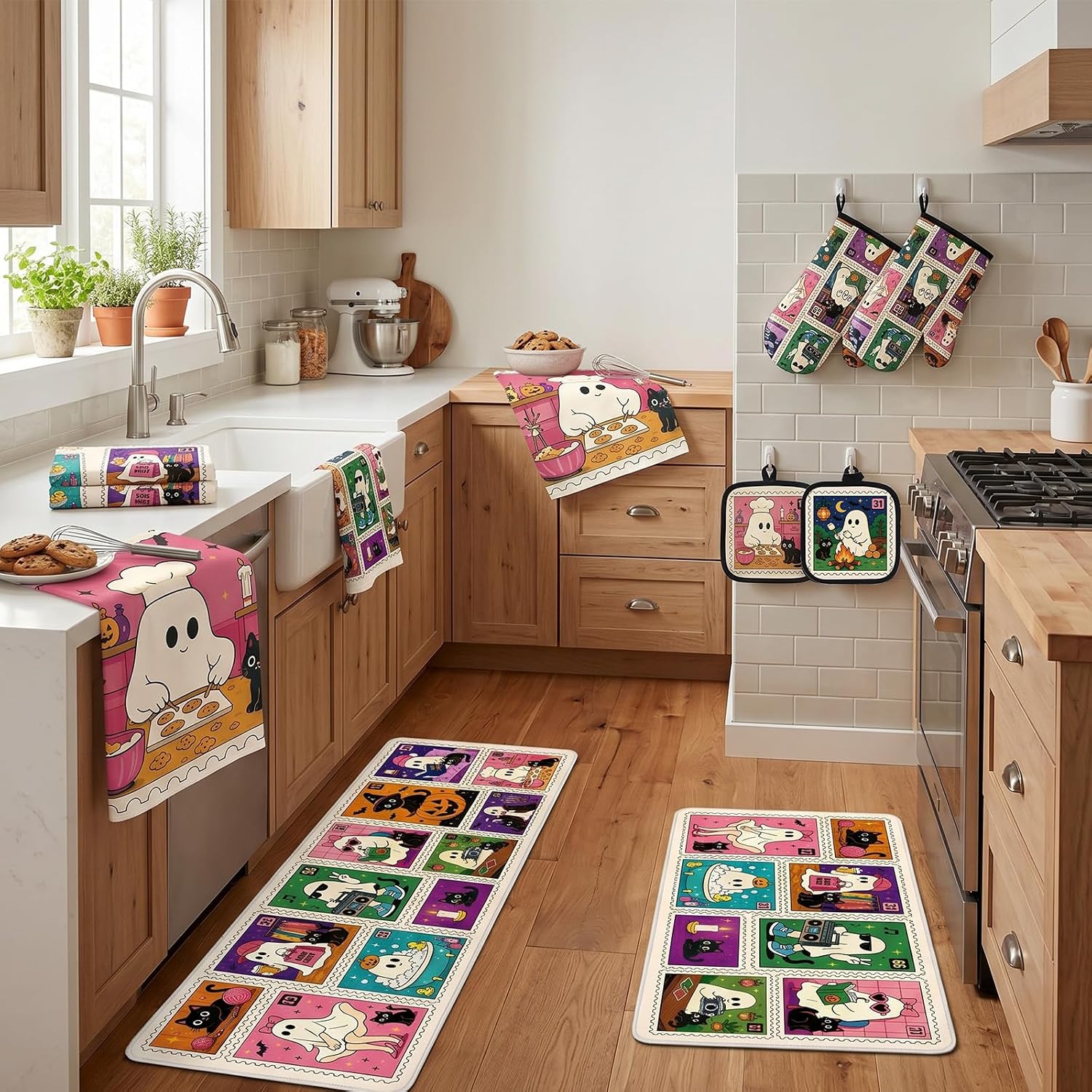 Funny Halloween Kitchen Decor Set, 10 PCS Funny Ghost Kitchen Mats Towels and Oven Mitts Pot Holders Home Accessories, Cute Stamp Black Cat Baking Gift Set