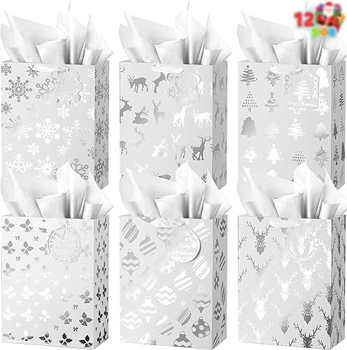 JOYIN 12 bolsas de regalo plateadas de papel de aluminio de Navidad de 8 x 4.5 x 10.5 pulgadas, bolsas de dulces de Navidad con papel de seda,