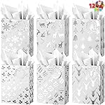 JOYIN 12 PCS Christmas Holiday Foil Silver Gift Bags 8 x4 x10 Xmas Goody Treat Candy Bags with Tissue Papers Winter Prints for Classrooms and Party Favors, Xmas Goody Party Supplies
