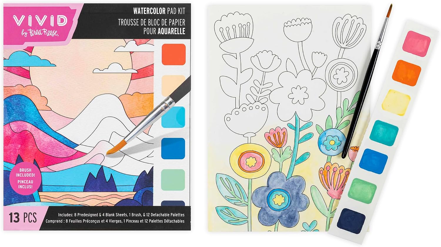 Vivid by Brea Reese: Watercolor Pad Kit - Nature - 8 Landscape & Flower Designs & 4 Blank Sheets, 12 Detachable Paint Palettes, Brush, Art Activity