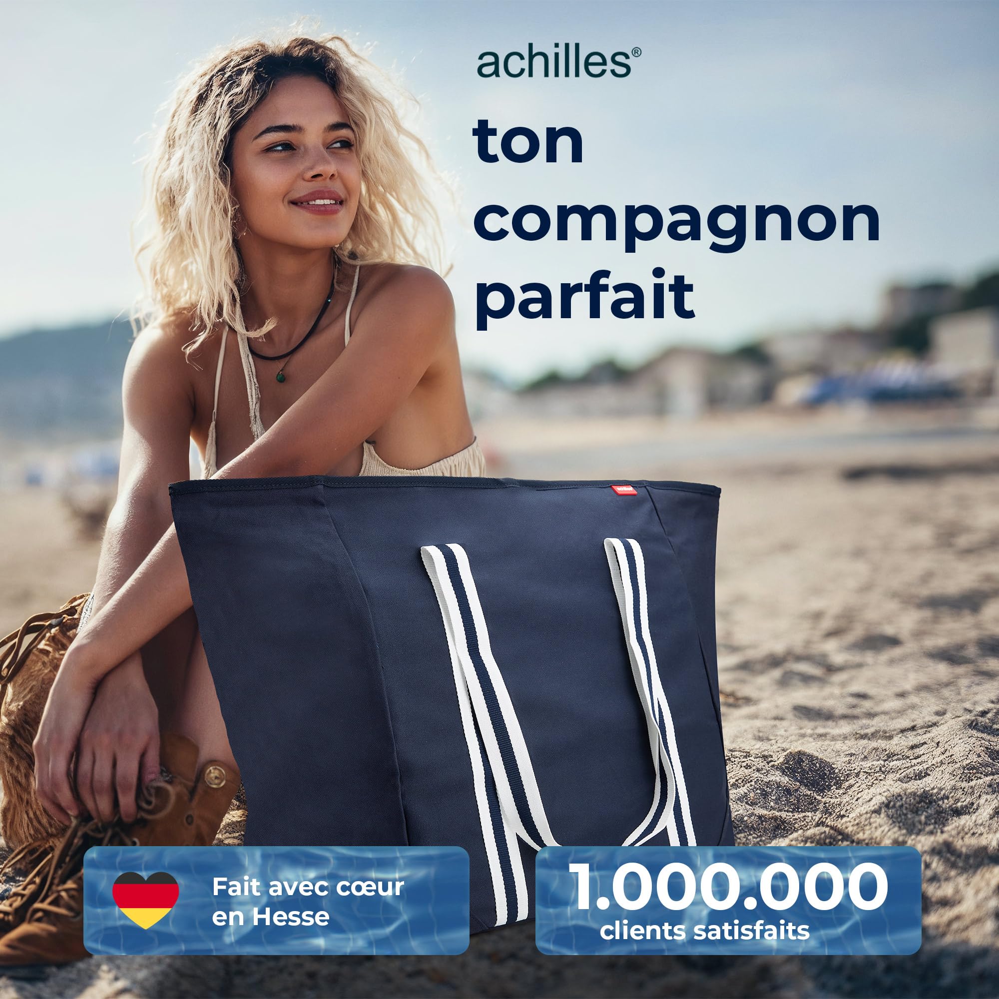 achilles Grand sac de plage XXL Famille avec fermeture éclair - Sac de bain XXL Famille 100 l - Pliable et résistant à la saleté - Piscine - Bleu - 75 x 32 x 46 cm