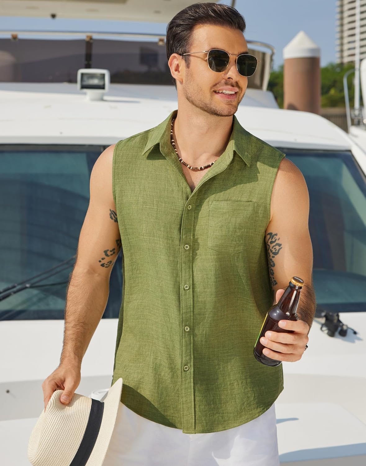COOFANDY Men's Sleeveless Beach Shirts Summer Button Up Tank Tops Casual Textured Tank Shirt - Image 2