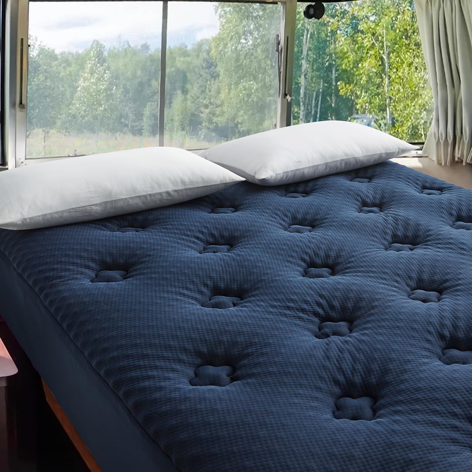 Hansleep Memory Foam Short Queen Mattress Topper, Gel RV Short Queen Mattress Pad with Deep Pocket, Breathable Camper Mattress Cover, 60x75 Inches, Navy Blue