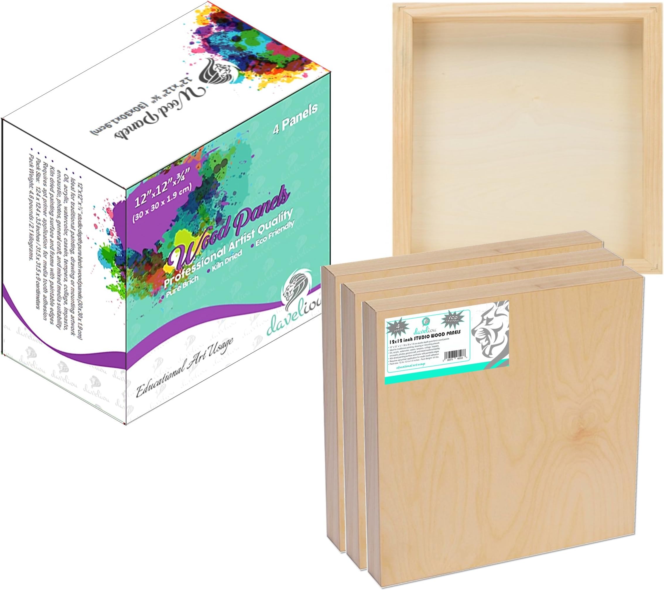 Daveliou 30 x 30 cm Wood Canvas Boards for Painting, Arts, Crafts, Wood Burning, Shadowbox, Oils, Acrylics, and More (4 Pack)