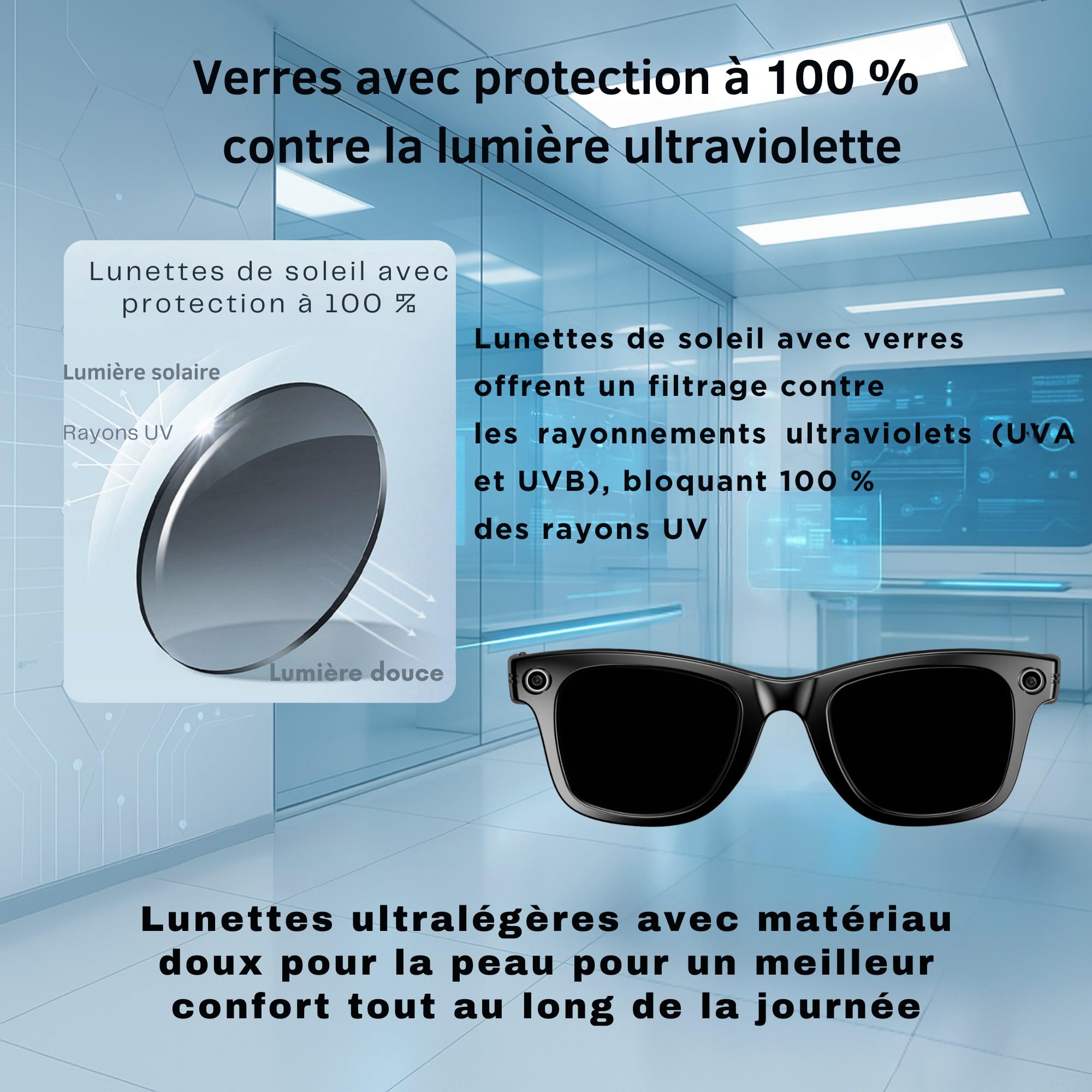 smartia Lunettes de Soleil intelligentes avec Camera, modèle 2026 et APP en françois Incluse, Lunettes Bluetooth Son Hi-FI, IA GPT intégrée avec Traduction dans +100 Langues, Camera 8MP Full HD