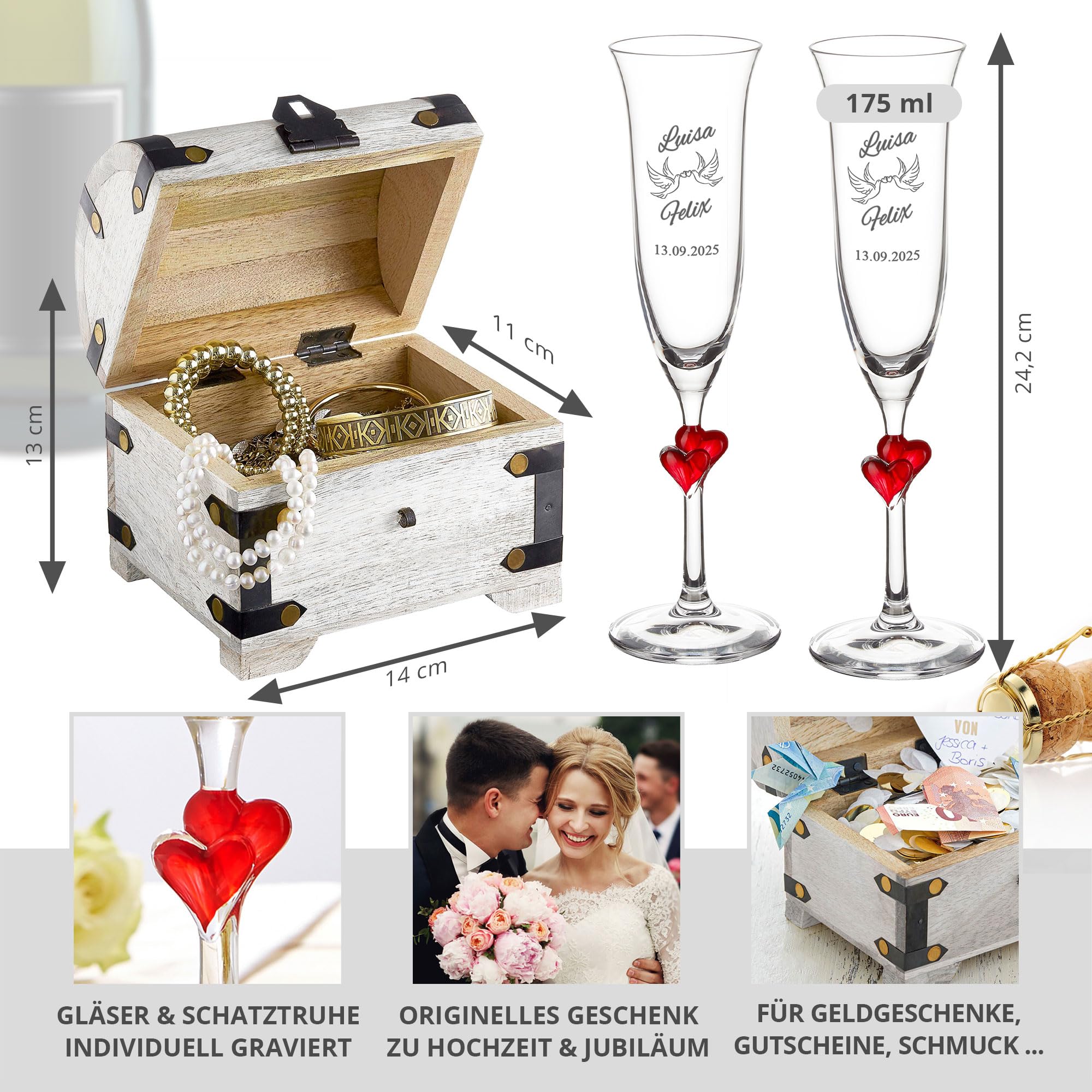 Coffret cadeau de mariage - Flûtes à champagne et coffre au trésor blanc avec gravure - Colombes - Personnalisable avec nom et date - Coffre en bois décoratif - Cadeaux de mariage pour couple de
