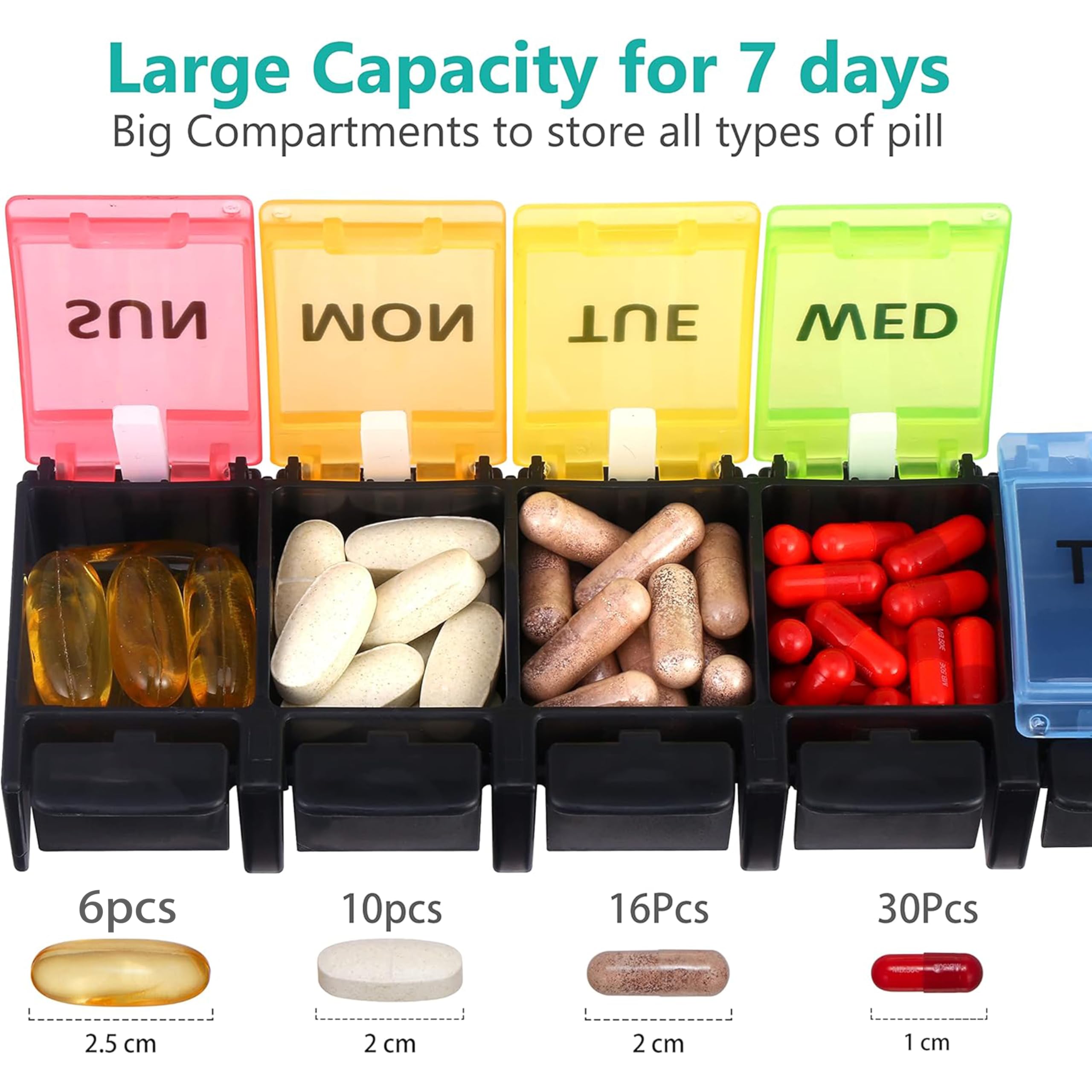 Fullicon Pastillero semanal para 7 días, para vitaminas y suplementos, fácil de abrir, organizador de medicamentos portátil para viajes