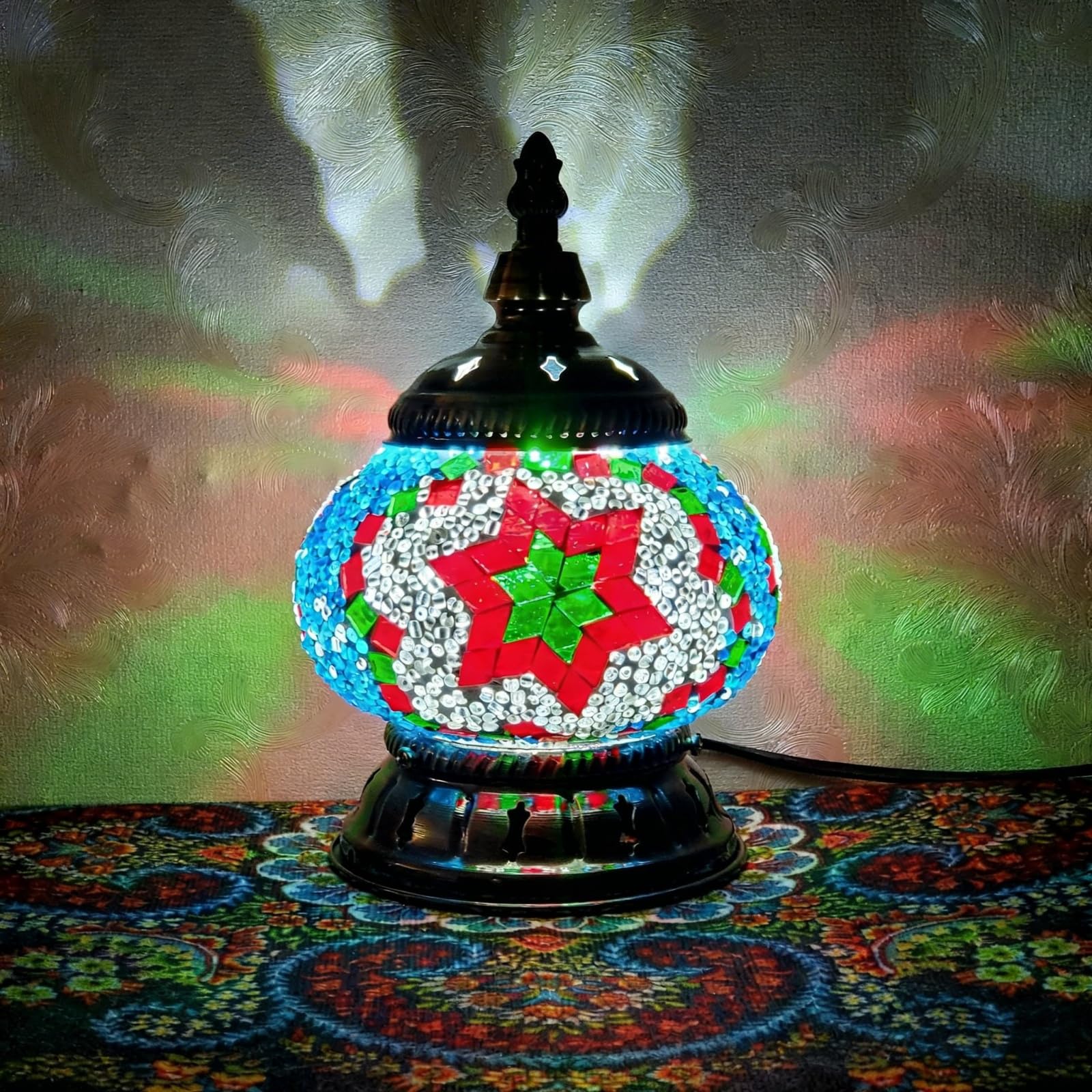 Maimeili Turkish Exotic Mosaic Table Lamp with Handmade Moroccan-Style Decorative Glass Retro Lamp Shade with USB Decorative Desk Lights Bedside Lights for Bedroom