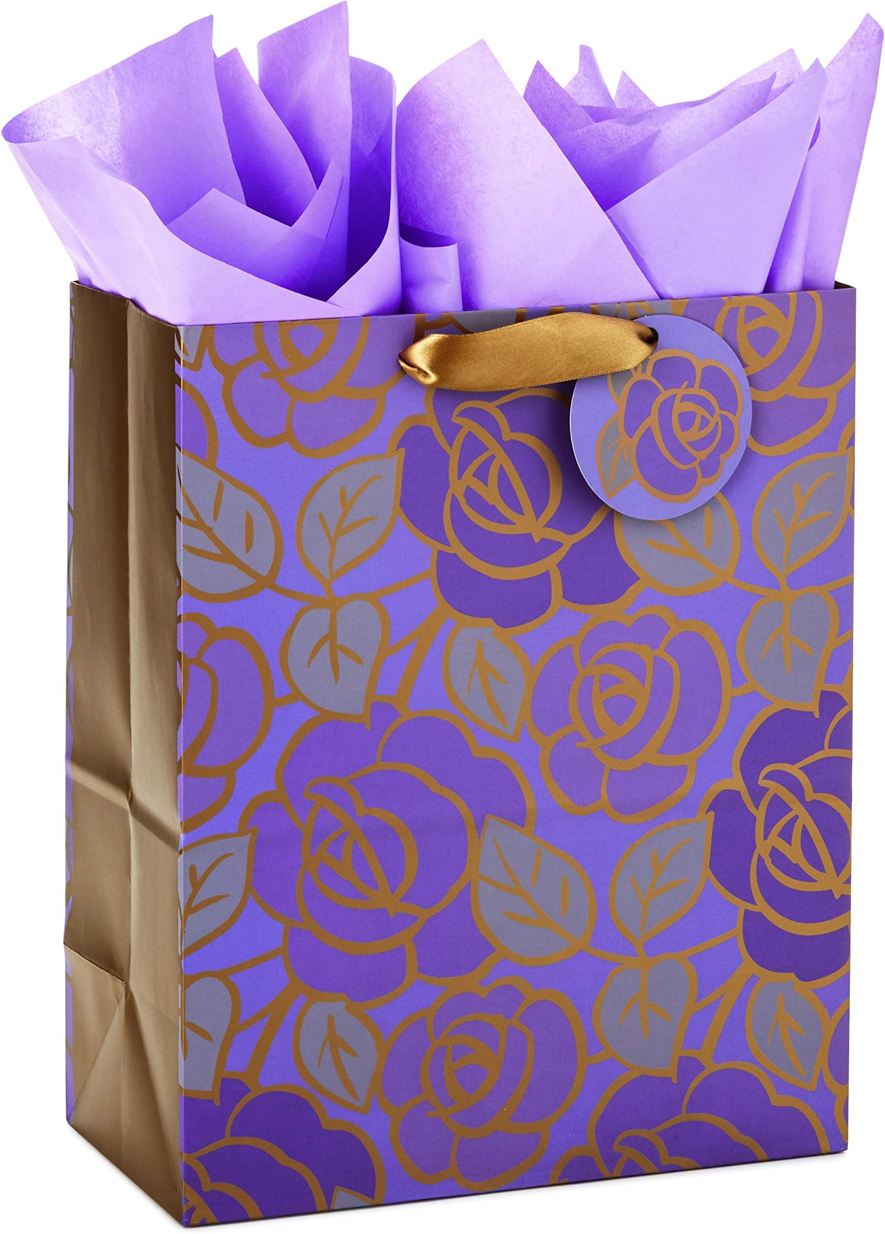 13" Large Gift Bag with Tissue Paper (Purple Flowers, Gold Accents) for Birthdays, Mother's Day, Bridal Showers, Weddings, Retirements, Anniversaries, Engagements, Any Occasion