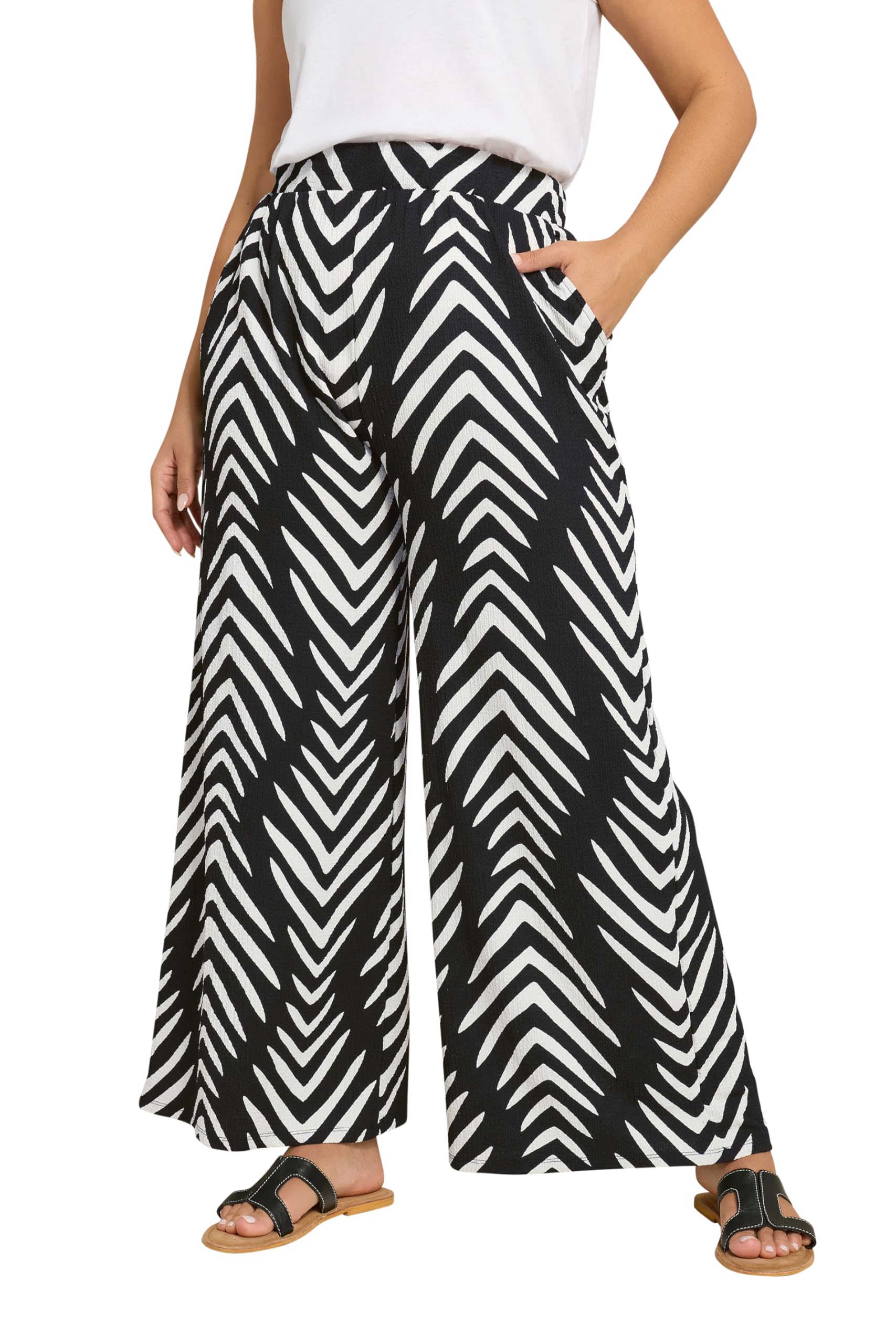 Yours Curve Black & White Abstract Print Wide Leg Trousers - Women's - Plus Size Curve