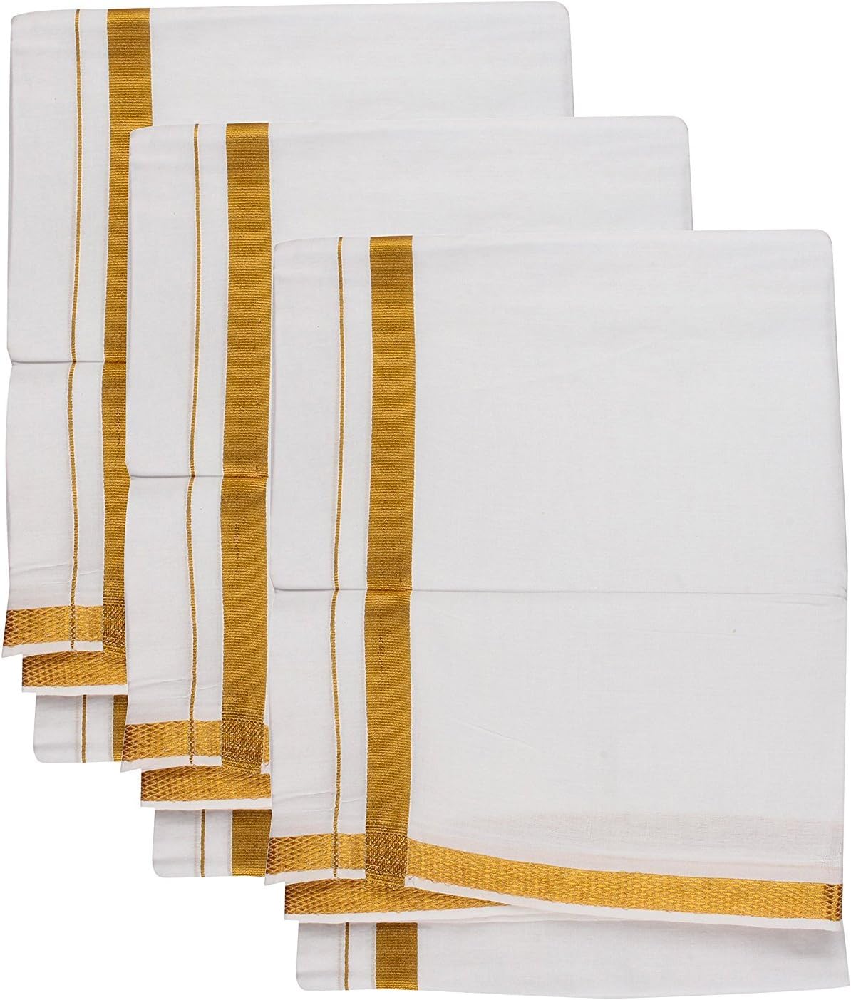 Pure Cotton Dhoti Vesti Mundu Golden Zari Border White Dhoti 3.6 Meter - 3 Piece pack