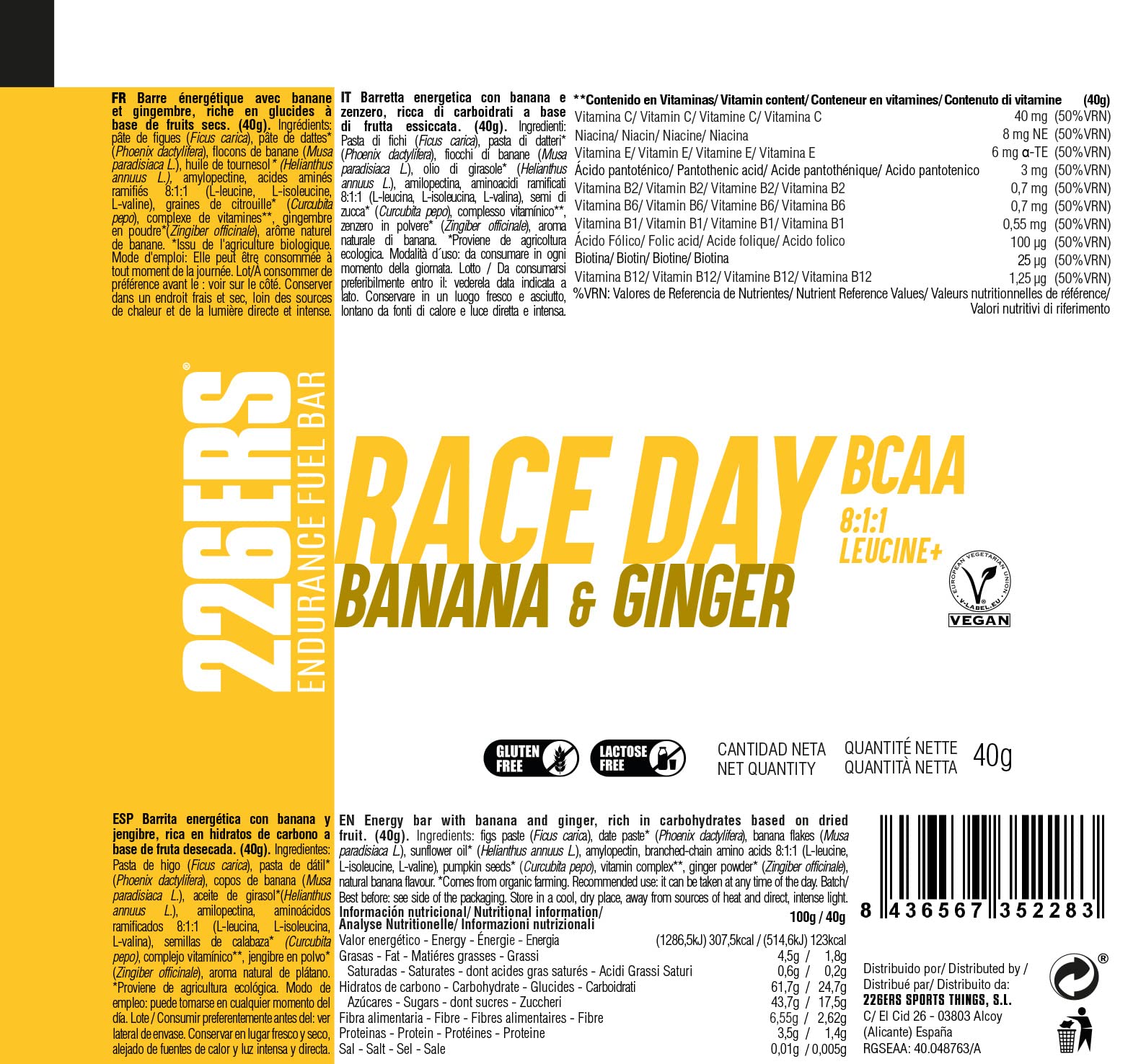 226ERS Race Day Bars, Barrita Energética Veganas, Energy Bars Sin Gluten, Plátano y Jengibre - 1 barra x 40 g