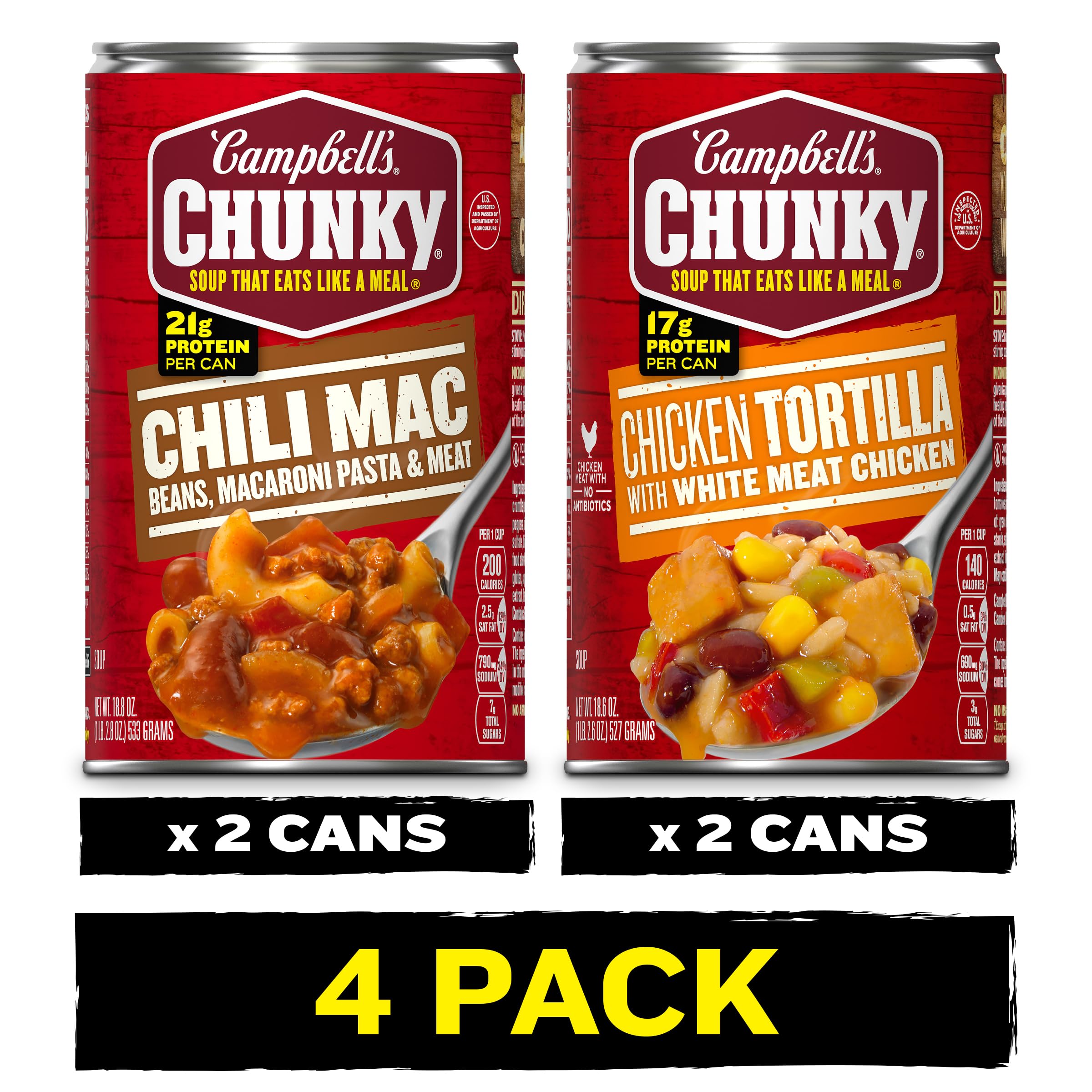 Campbell's Chunky Soups 4 pack bundle: (2) Chunky Chili Mac Soup 18.8 oz Cans, (2) Chunky Chicken Tortilla Soup 18.6 oz