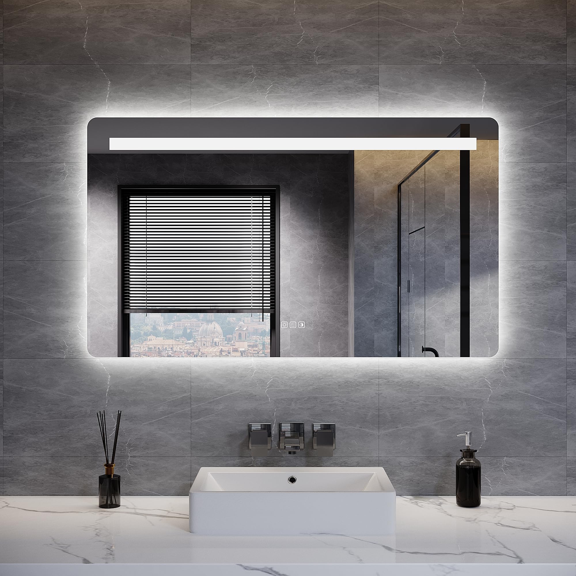ELEGANT Bathroom Mirror with LED Lights 120x70cm, Bathroom Wall Mirror Backlit Mirrors with Front Light, Shaver Socket,3 Color Lighting, Dimmable, Defogging, Touch Sensor & Memory Function, IP44