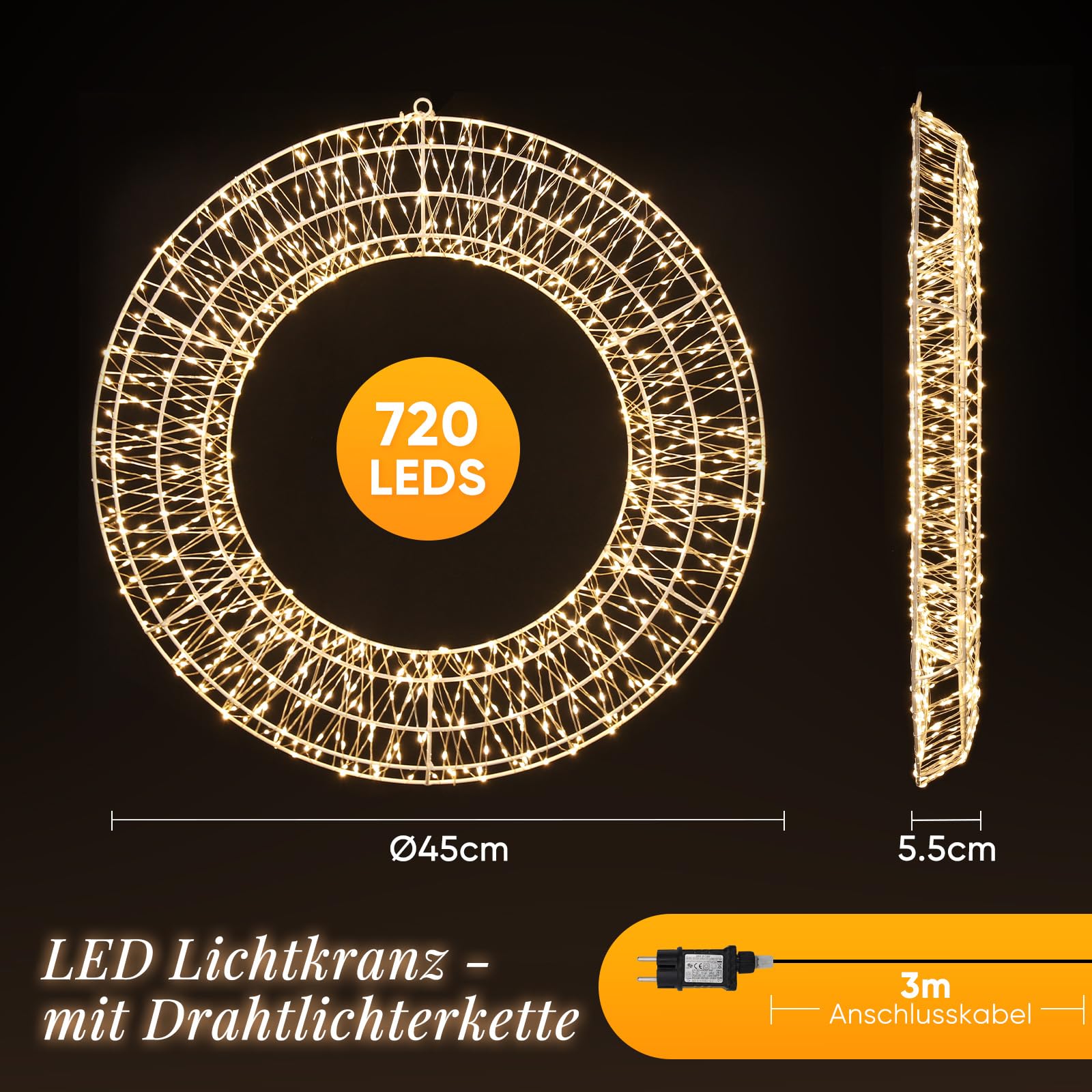 SALCAR Ø45cm LED Lichtkranz, Weihnachtsdeko Fenster Lichterkranz mit Stecker, 8 Modi, Timer und Memory, Hängekranz Drahtkranz Wandkranz Lichterkreis für Innen und Außen, Warmweiß