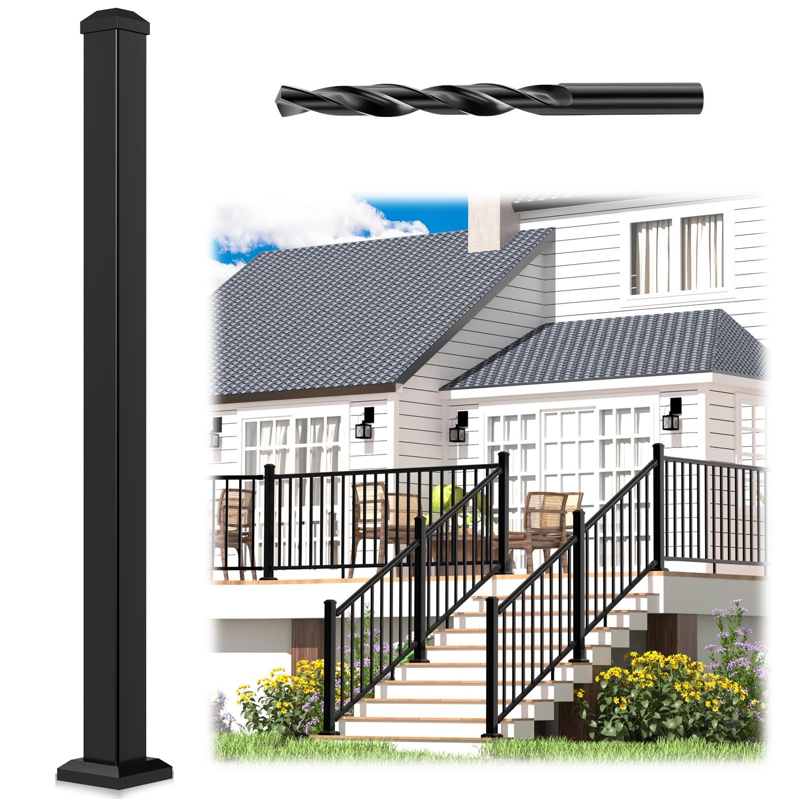 2.56 in. x 2.56 in. x 42.5 in. Aluminum Railing Post with Screws & Drill, Porch and Deck Railing Post, Black Textured Powder-Coat Finish Stair Post for Decks, Porches & Balconies (1x42.5 Post)