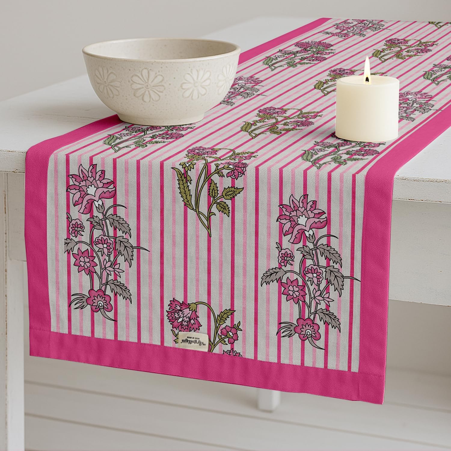 Double Layer Cotton Table Runner with Border - Floral Print, Machine Washable - Dining Table Décor for Farmhouse & Modern Homes