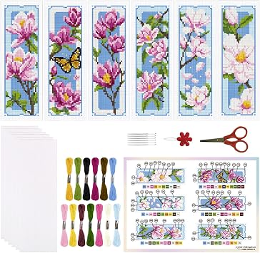 ORIGACH 6 Set Magnolia Cross Stitch Bookmark Kits for Beginner, Flowers Stamped Cross Stitch Kits with Instructions for Adults Bookmarks Lovers