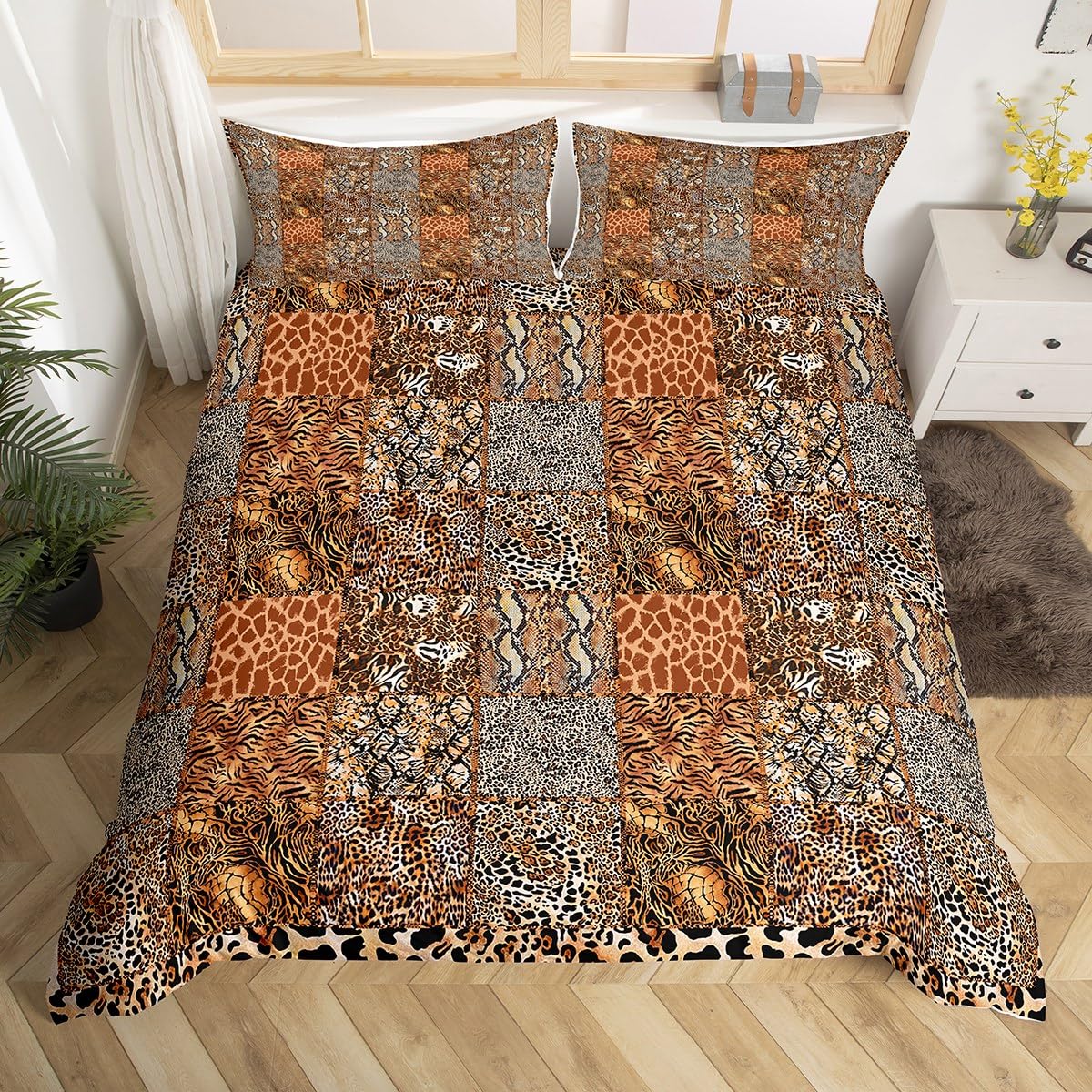 Homewish Leopard Print Duvet Cover Boys Teens Cheetah Bedding Set King African Safari Animal Patchwork Comforter Cover Country Western Room Decor, Wildlife Retro Style Bedspread Cover, Brown