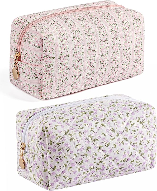 HHQQWZ Necessaire de Maquiagem para Viagem com Zíper, Estampa Floral Rosa e Roxa, Pacote com 2