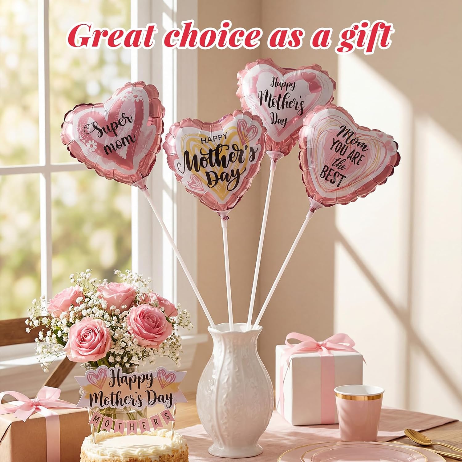 Blueweenly 60 Pcs Mother's Day Heart Foil Balloons with Sticks, Pink Balloon Kit with 60 DIY Mother's Day Stickers (4 Designs), Party Decorations & Gifts for Mom(4 Inch)