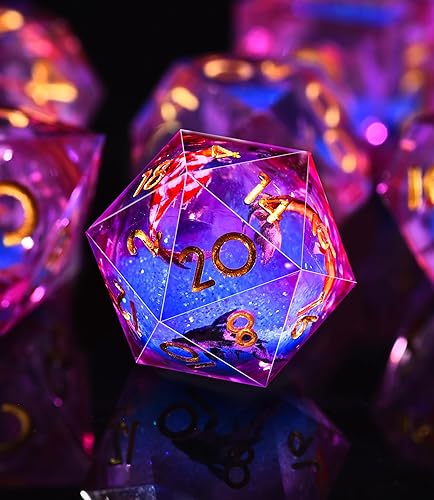 Miniatura 10 de AUSTOR Juego de dados DND de resina de núcleo líquido, de borde afilado, 7 troqueles, juego de dados DND de arena movediza hechos a mano